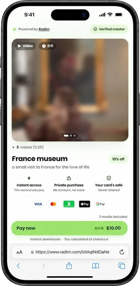 A Radirn shareable paid link page with a blurred preview, payment options and a Pay now button