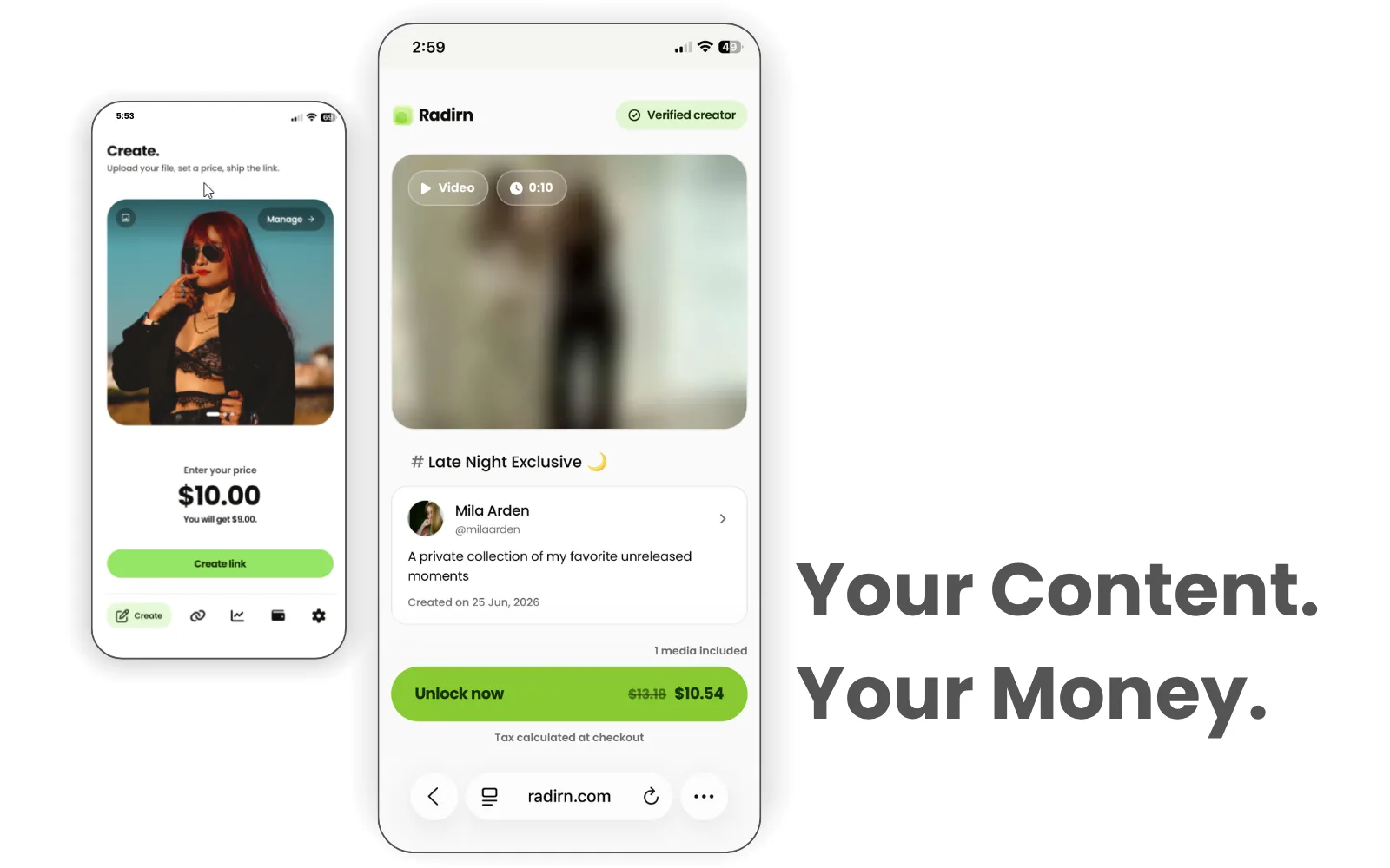Mockup: a shareable link page showing a blurred preview + Pay button — content stays locked until payment clears.